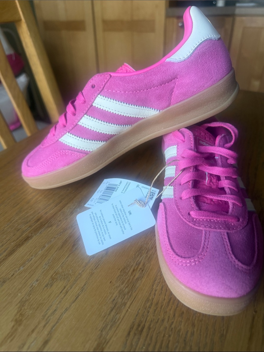 adidas Women Pink Suede Sneakers with White Stripes and Gum Sole